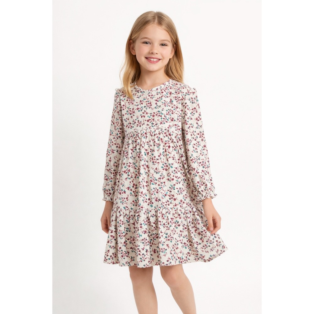Tahari Girl Dress Size‎ 4 Floral Long Sleeve A-Line Peplum Teal Burgundy Ruffle